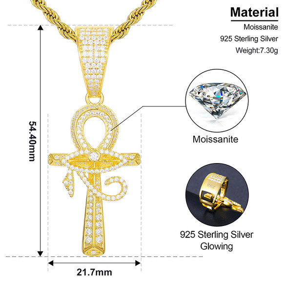 New 925 Sterling Silver Eye of Horus Ankh Cross Pendant Iced Out D VVS Moissanite Pendant Necklaces For Women Hip Hop Jewelry