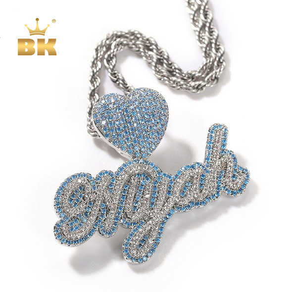 THE Bling King Custom Name Necklace Bubble Letter Heart Buckle Iced Out White Light Blue CZ Pendant Tennis Chain Hiphop Jewelry