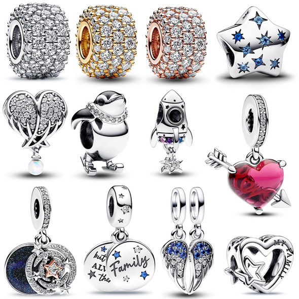 Family Love Key Moon Angel Wings Dangle Charm Fit Pandora Bracelet Women's Beads In 925 Sterling Silver Family Collection