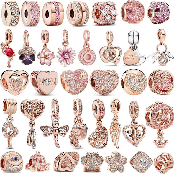 New Fashion Charm Original Rose Gold Padlock Heart Key Flower Dangle Charm for Pandora Ladies Bracelet for Girl Gift DIY Jewelry
