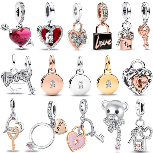 Luxury S925 Sterling Silver Rose Gold Padlock and Love Key Charm Fit Pandora Bracelet & Necklace Women's Surprise Birthday Gift