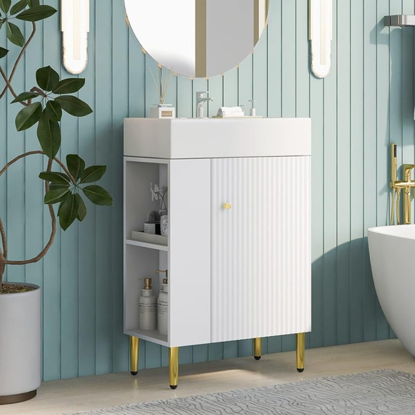Bathroom Storage Cabinet With Ceramic Sink 21.6inch White Bathroom Vanity Easy Assembly for Small Spaces Freight Free Shelf Home