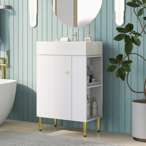 Bathroom Storage Cabinet With Ceramic Sink 21.6inch White Bathroom Vanity Easy Assembly for Small Spaces Freight Free Shelf Home