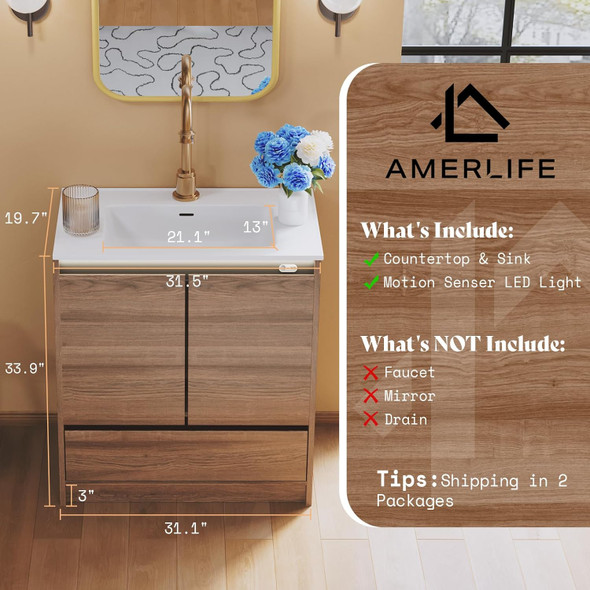 LED Lights Bathroom Vanity with Sink Combo, Motion Sensor Lights Mid-Century Modern Small Single Bathroom Cabinet Set,
