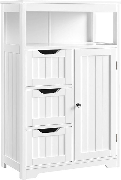 Bathroom Floor Cabinet Wooden Storage Organizer with 1 Door and 3 Drawers, Free-Standing Cupboard for Kitchen/Living R