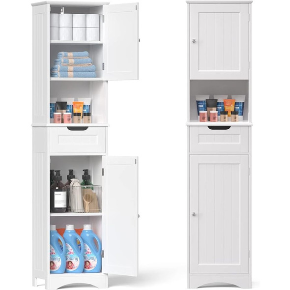 67" H Tall Bathroom Storage Cabinet w/ 2 Doors & 1 Drawer, Adjustable Shelves for Home, Kitchen, Versatile, Anti-Tipping, White