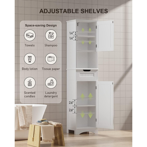 67" H Tall Bathroom Storage Cabinet w/ 2 Doors & 1 Drawer, Adjustable Shelves for Home, Kitchen, Versatile, Anti-Tipping, White