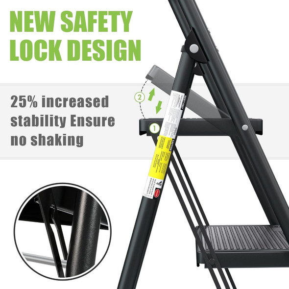 3 Step Ladder EFFIELER Folding Step Stool with Wide Anti-Slip Pedal, 500 lbs Sturdy Steel Ladder, Convenient Handgrip