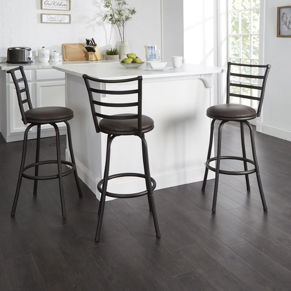 Mainstays 3 Pack Adjustable 24" or 29" Bronze Ladder Back Swivel Barstool, Espresso Vegan Leather Seat