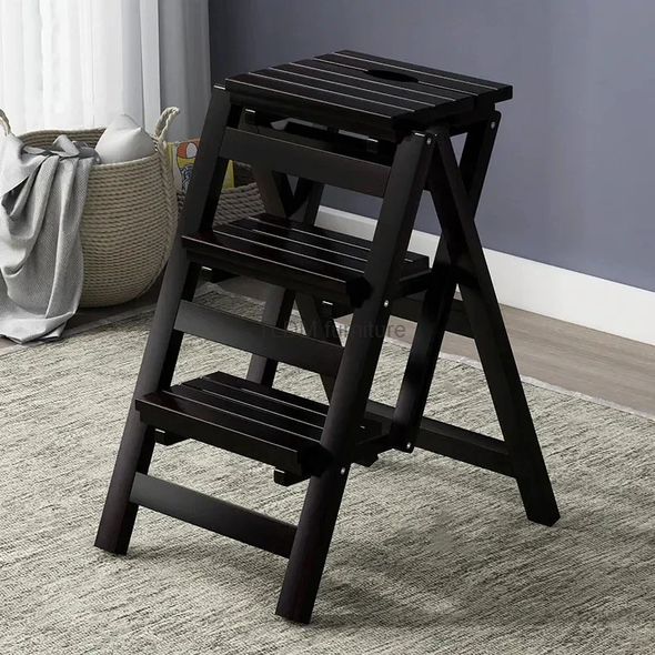 Solid Wood Step Ladders Folding Home High Stool Kitchen Ladder Multi-functional Stool Thickened Indoor Dual-purpose Ladder H