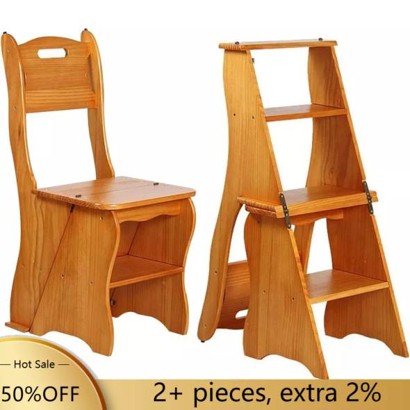 4-Step Stool Dual Purpose Ladder Wooden Folding Library Ladder Chair