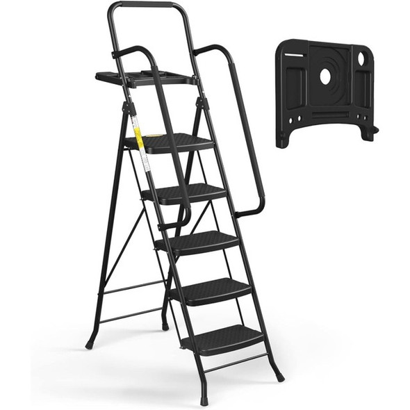 5 Step Ladder with Handrails, Folding Step Stool with Tool Platform, 330 LBS Portable Steel Ladder