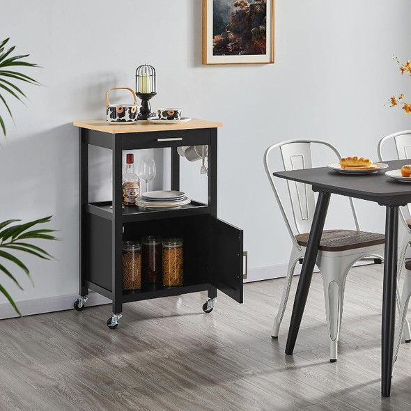 Small Kitchen Island on Wheels with Wood Top and Drawer, Trolley Cart with Open Shelf and Storage Cabinet for Dining Room
