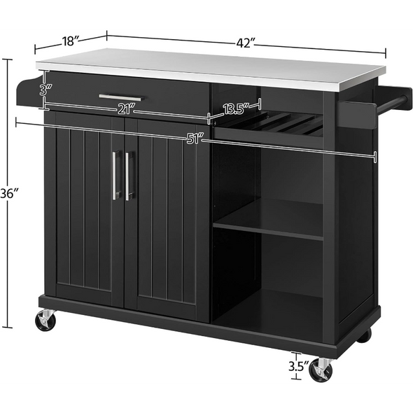Yaheetech Trolley Cart Kitchen Cart with Stainless Steel Top and Storage Cabinet, Kitchen Island on Wheels with Drawer