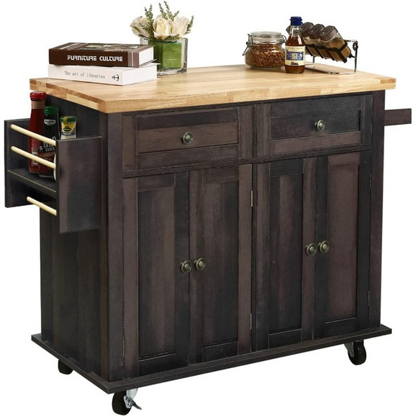 Kitchen Island Cart,Kitchen Bar&Serving Cart Rolling on Wheels with Spice Rack Towel Holder Utility Storage Trolley with