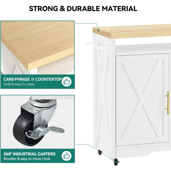 Portable Rolling Islands Cabinet on Wheels Farmhouse W Thick Table Top Drawer Glass Holder Spice Rack Kitchen Storage Trolley