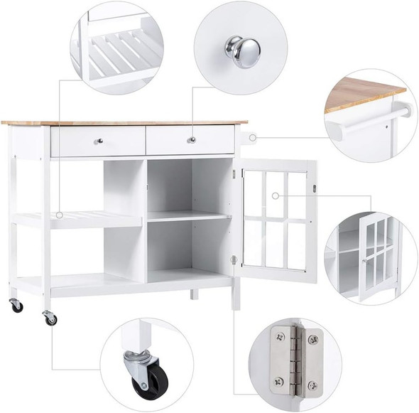 ChooChoo Rolling Kitchen Island, Portable Kitchen Cart Wood Top Kitchen Trolley with Drawers and Glass Door Cabinet, Wine Shelf