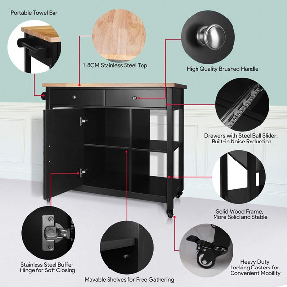 Kitchen Island on Wheels, Wooden Top, with Storage Space and Drawers, Black, Practical Wooden Movable Kitchen Trolley