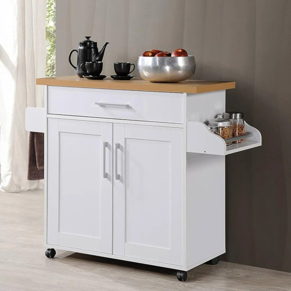 Kitchen Island with Spice Rack, Towel Rack & Drawer, White with Beech Top, 15.5 X 35.5-44.9 X 35.2 Inches, Easy To Assemble