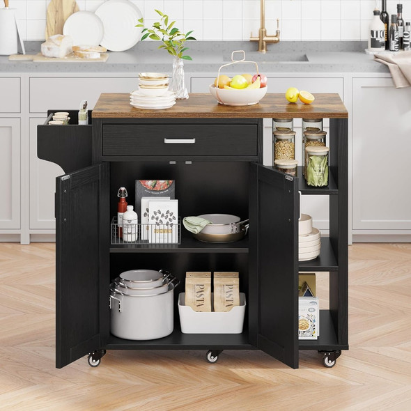 Kitchen Island with Pantry, Drawer-type Open Shelves, Double Door Kitchen Trolley for Kitchen, Rolling Kitchen Island on Wheels