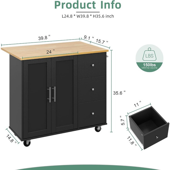 Rolling Kitchen Island Cart with Folding Drop Leaf Breakfast Bar, Portable Trolley Island with Large Storage Cabinet, Shelf