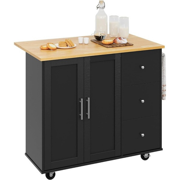 Rolling Kitchen Island Cart with Folding Drop Leaf Breakfast Bar, Portable Trolley Island with Large Storage Cabinet, Shelf