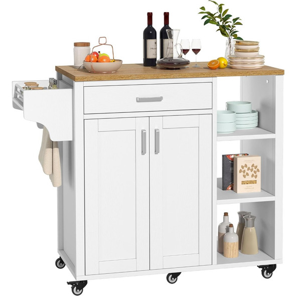 Rolling Kitchen Island on Wheels With Drawer Open Shelves & Wine Rack Spice Rack Trolley Kitchen Cart With Two Doors for Kitchen