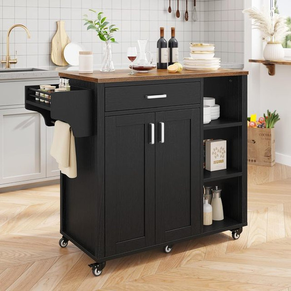 Kitchen Island with Storage, Open Shelves with Drawers and Wine Racks Spice Racks, Double Door Kitchen Trolley for Kitchen