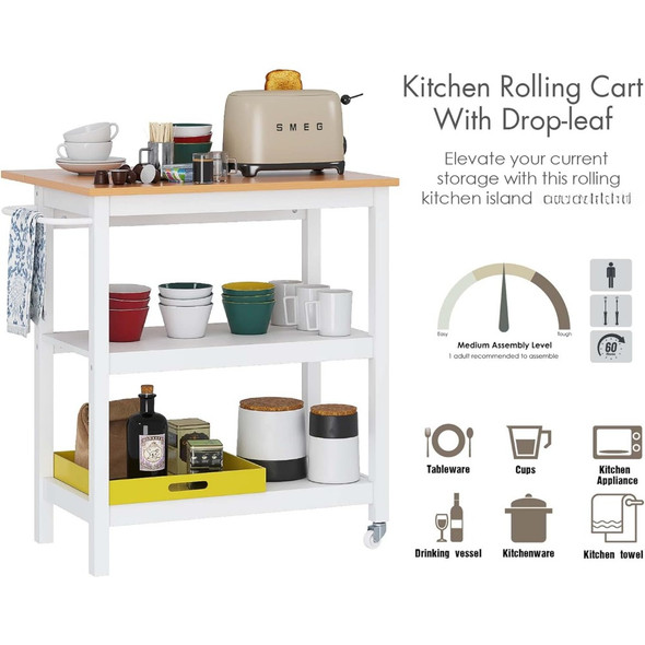 Small Kitchen Island With Drop Leaf and Towel Rack for Dining Room Kitchen Island Cart on Wheels Trolley White Push Cart Dolly