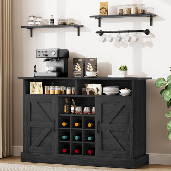 Farmhouse Sideboard Buffet Cabinet with Storage,Coffee Bar with Floating Shelves, Wine Bar Cabinet with Power Outlet for Kitchen