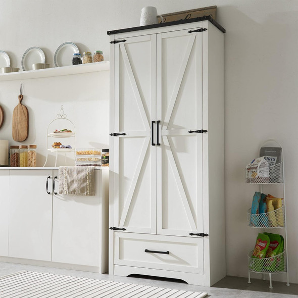 72" Tall Farmhouse Pantry Cabinet with Adjustable Shelves with Drawer & 2 Barn Doors, Versatile Storage for Kitchen, Living Room