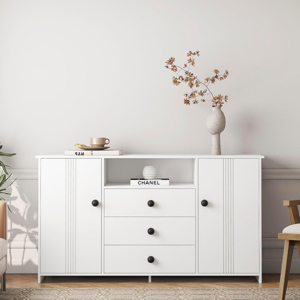 Sideboard Buffet Cabinet with Storage Large Kitchen Storage Cabinet with 3 Drawers and 2 Doors, Wood Coffee Bar Cabinet , White