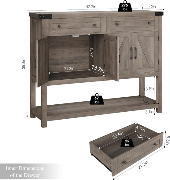 HOSTACK Buffet Sideboard Cabinet with Storage, 47.2" Coffee Bar with 2 Drawers, Barn Doors Console Table with Shelf for Kitchen