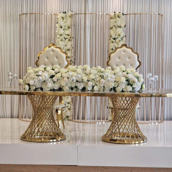 Luxurious Oval Gold Metal MDF Countertop Double Bird's Nest Base Luxury Wedding Reception Hotel Table