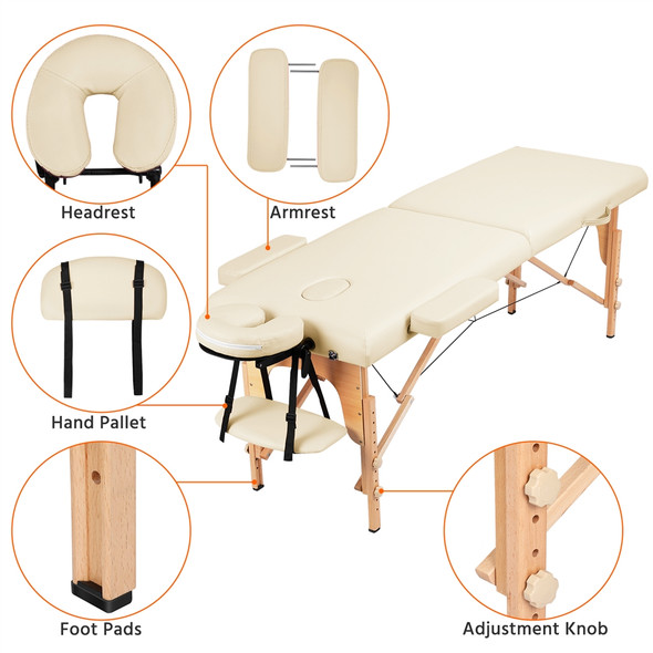 84" Portable 2 Section Massage Table with Headrest, Armrest, and Hand Pallet, for Spa Treatments & Tattoos