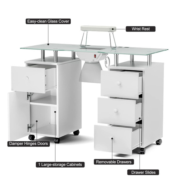 Paddie Manicure Table with Glass Top, Foldable Arm Rest, Lockable Wheels, Storage Drawers for Nail Tech - White Paddie Manicure Table with Glass Top, Foldable Arm Rest, Lockable Wheels, Storage Drawers for Nail Tech - White
