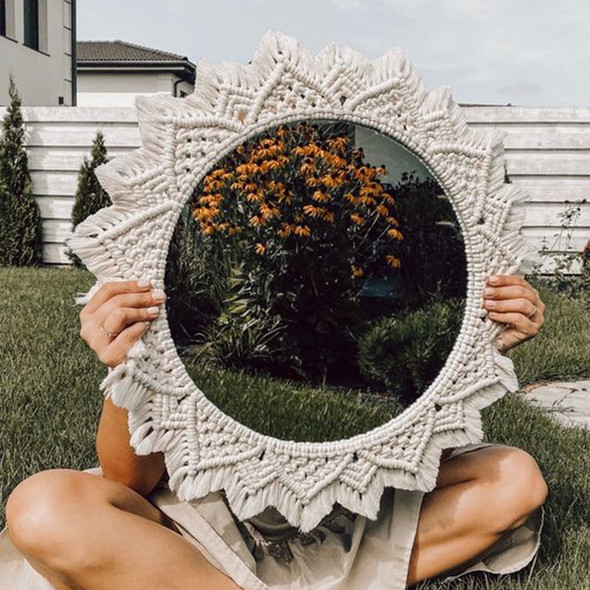 Macrame Decorative Wall Mirror Boho Home Decor Makeup Aesthetic Mirrors Living Room Bedroom Christmas Wedding Decoration Gift