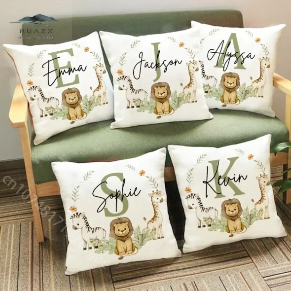 Animal with Name Pillow Case Personalized Pillows Cover Bedroom Kids Wild Party Decoration Pillowcase Birthday Children Gift