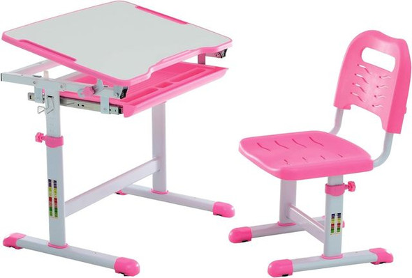 Kids Multifunctional Desk and Chair Set, Height Adjustable Children School Study Desk with Tilt Desktop, Metal Hook and Storage