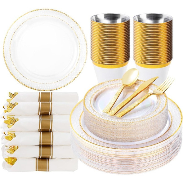 Clear Plastic Plates with Gold Trim for 50 Guests, Disposable Dinnerware Set for Party, Includes Plastic Plates