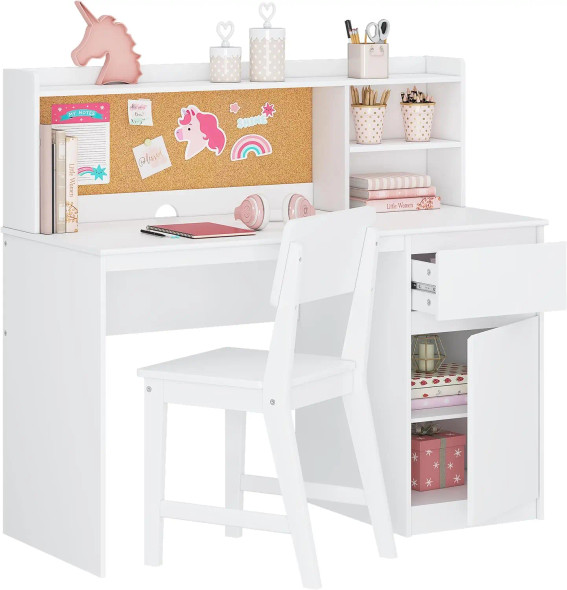 Kids Study Desk with Chair, Kids Desk and Chair Sets with Hutch and Storage Cabinet, Wooden Children Study Table