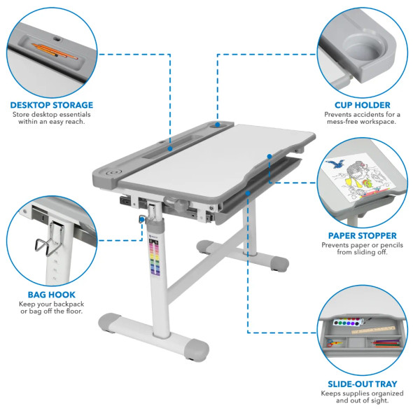 Kids Desk and Chair Set | Height Adjustable Children's Workstation with Storage Drawer | Grey Children Tables