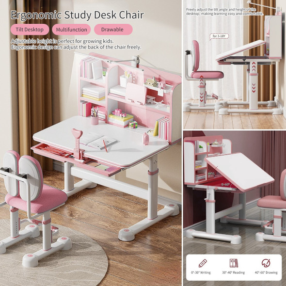 Kids Study Desk and Chair Set, Height Adjustable Ergonomic Children Writing Table with Tilt Desktop, Drawers, Lamp, Bookstand