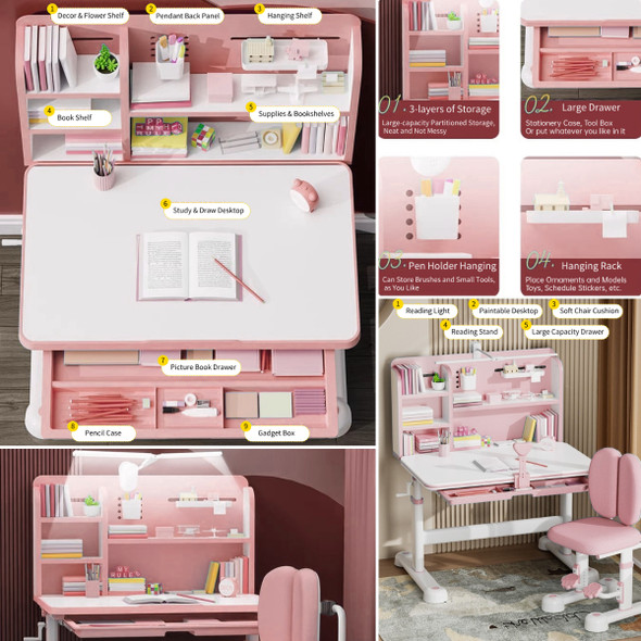 Kids Study Desk and Chair Set, Height Adjustable Ergonomic Children Writing Table with Tilt Desktop, Drawers, Lamp, Bookstand