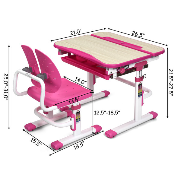 Costway Children Desk Chair Set Adjustable Study Table Drawer Winged Backrest Chair