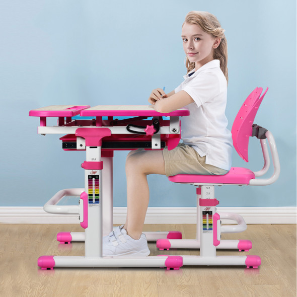 Costway Children Desk Chair Set Adjustable Study Table Drawer Winged Backrest Chair