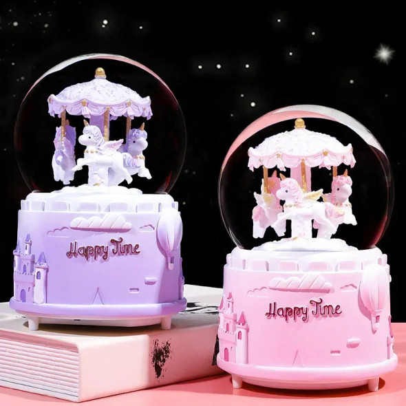Carousel Crystal Ball Drifting Snow Music Box Glowing Children's Room Cartoon Decoration Crafts