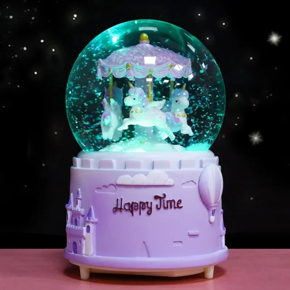 Carousel Crystal Ball Drifting Snow Music Box Glowing Children's Room Cartoon Decoration Crafts