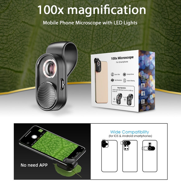 APEXEL 100X Magnification Phone Lens Microscope Mobile Portable Clip