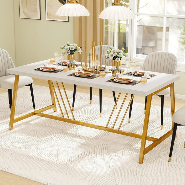 70.3 Inch Large Modern Dining Table for 6-8 People Rectangular Kitchen Table With Faux Marble Top and Gold Geometric Metal Legs